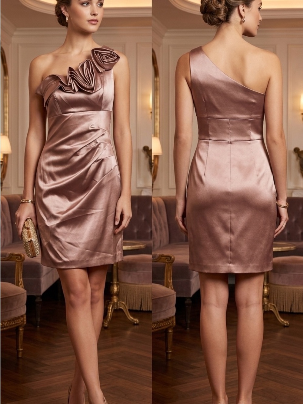 Hailey Logan Adrianna Papell One Shoulder Satin Cocktail Dress XS Bronze Rosette